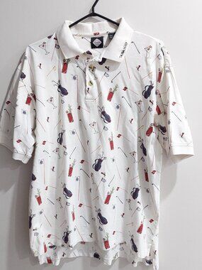 Vintage Tabasco brand Men's L "all over print" Golf Polo Shirt 100% Cotton